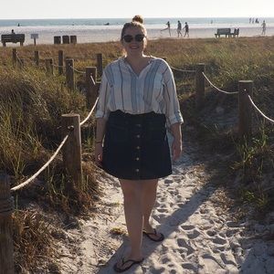 Light weight white and blue striped button up top